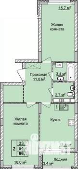 2-к квартира, вторичка, 66м2, 7/17 этаж
