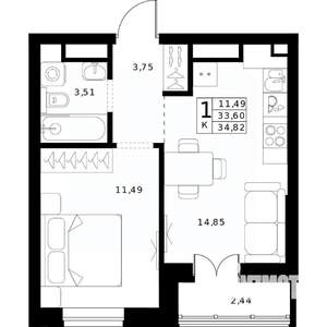 1-к квартира, строящийся дом, 35м2, 20/24 этаж