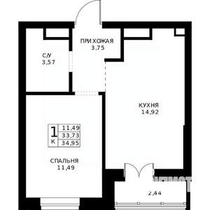 1-к квартира, строящийся дом, 35м2, 13/24 этаж