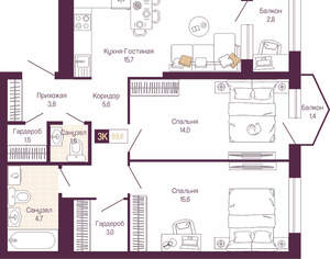 2-к квартира, вторичка, 67м2, 9/19 этаж
