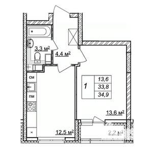 1-к квартира, строящийся дом, 35м2, 17/25 этаж