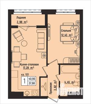 1-к квартира, вторичка, 41м2, 12/15 этаж