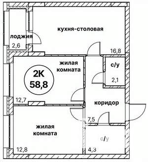 2-к квартира, вторичка, 59м2, 2/13 этаж