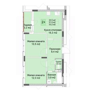 2-к квартира, строящийся дом, 53м2, 8/10 этаж