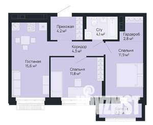 2-к квартира, строящийся дом, 56м2, 2/9 этаж