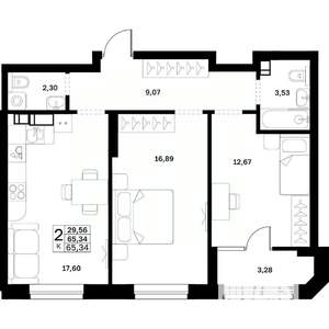 2-к квартира, строящийся дом, 65м2, 2/17 этаж