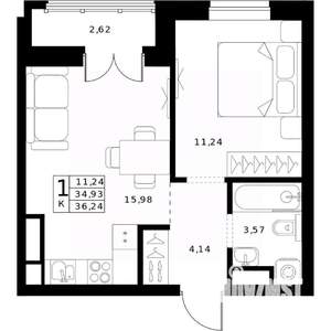 1-к квартира, строящийся дом, 36м2, 14/24 этаж