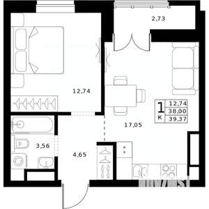 1-к квартира, строящийся дом, 39м2, 23/24 этаж