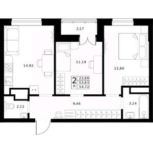 2-к квартира, строящийся дом, 55м2, 24/24 этаж