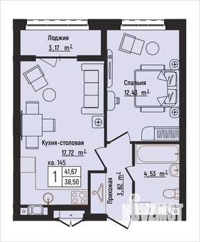1-к квартира, вторичка, 42м2, 3/15 этаж