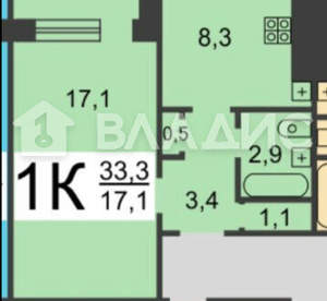 1-к квартира, вторичка, 33м2, 2/9 этаж