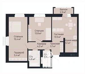 2-к квартира, строящийся дом, 70м2, 2/9 этаж