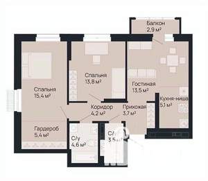 2-к квартира, строящийся дом, 70м2, 2/9 этаж