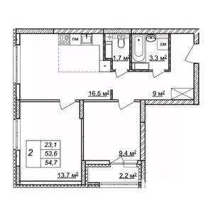 2-к квартира, строящийся дом, 55м2, 21/25 этаж