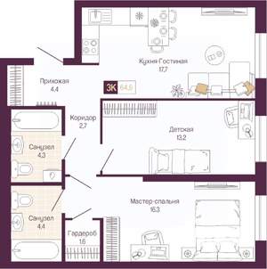 2-к квартира, вторичка, 65м2, 4/14 этаж