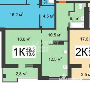 1-к квартира, вторичка, 50м2, 6/16 этаж