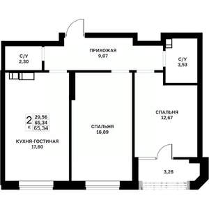 2-к квартира, строящийся дом, 65м2, 12/17 этаж