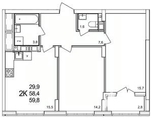 2-к квартира, вторичка, 60м2, 16/19 этаж