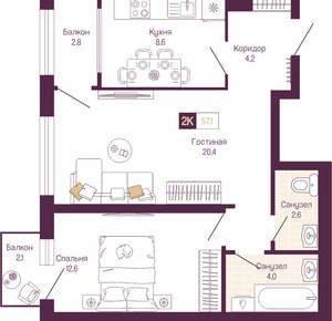 2-к квартира, вторичка, 54м2, 3/19 этаж