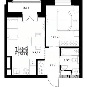 1-к квартира, строящийся дом, 36м2, 16/24 этаж