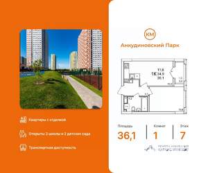 1-к квартира, вторичка, 36м2, 7/25 этаж