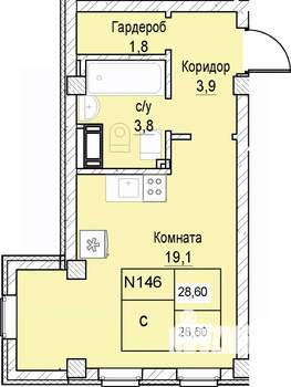 1-к квартира, вторичка, 29м2, 2/12 этаж