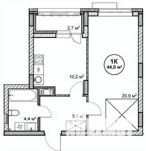 1-к квартира, строящийся дом, 44м2, 7/14 этаж