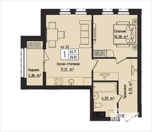 1-к квартира, вторичка, 44м2, 7/15 этаж