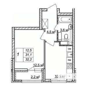 1-к квартира, строящийся дом, 32м2, 24/25 этаж