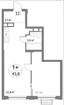 1-к квартира, строящийся дом, 44м2, 6/22 этаж