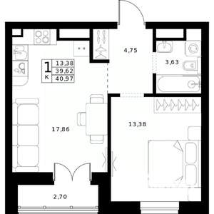 1-к квартира, строящийся дом, 41м2, 18/24 этаж