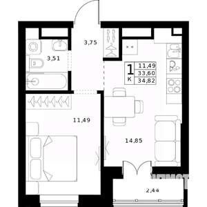 1-к квартира, строящийся дом, 35м2, 23/24 этаж