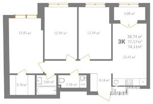 3-к квартира, вторичка, 74м2, 2/18 этаж