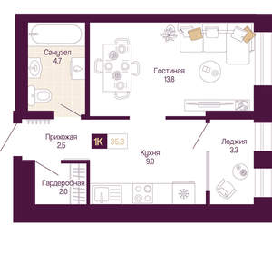 1-к квартира, вторичка, 34м2, 3/12 этаж