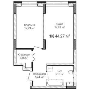 1-к квартира, строящийся дом, 44м2, 1/15 этаж