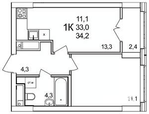 1-к квартира, строящийся дом, 34м2, 8/25 этаж