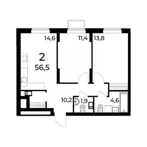 2-к квартира, вторичка, 57м2, 15/15 этаж