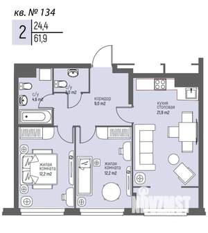 2-к квартира, вторичка, 62м2, 12/25 этаж