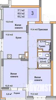 3-к квартира, вторичка, 68м2, 5/25 этаж