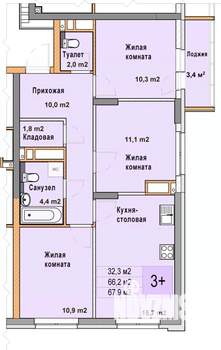 3-к квартира, вторичка, 68м2, 17/25 этаж