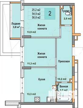 2-к квартира, вторичка, 57м2, 2/25 этаж