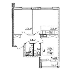 2-к квартира, строящийся дом, 59м2, 13/25 этаж