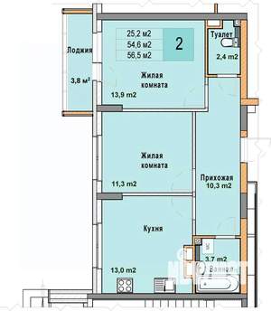 2-к квартира, вторичка, 57м2, 2/25 этаж