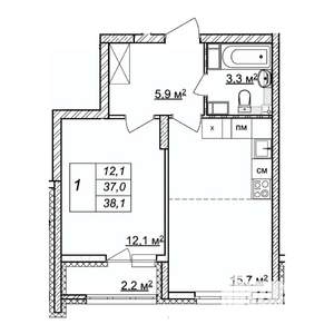 1-к квартира, строящийся дом, 38м2, 17/25 этаж