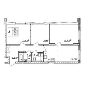 3-к квартира, строящийся дом, 69м2, 4/25 этаж