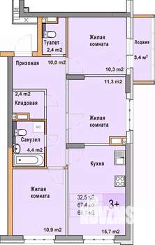 3-к квартира, вторичка, 69м2, 5/25 этаж