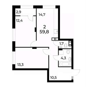 2-к квартира, вторичка, 59м2, 13/19 этаж
