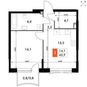 1-к квартира, вторичка, 43м2, 2/10 этаж