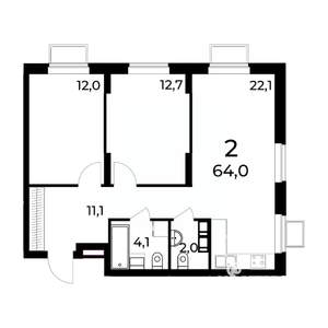 2-к квартира, вторичка, 64м2, 12/15 этаж