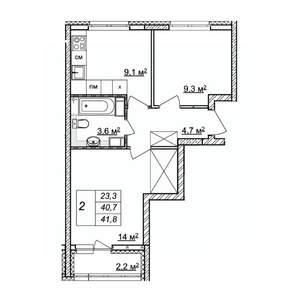 2-к квартира, строящийся дом, 42м2, 12/25 этаж